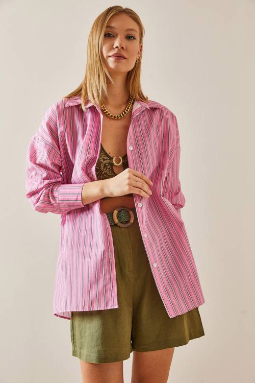 Pembe Oversize Çizgili Gömlek 4KXK2-47766-20 - 5