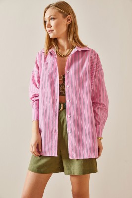 Pembe Oversize Çizgili Gömlek 4KXK2-47766-20 - 6