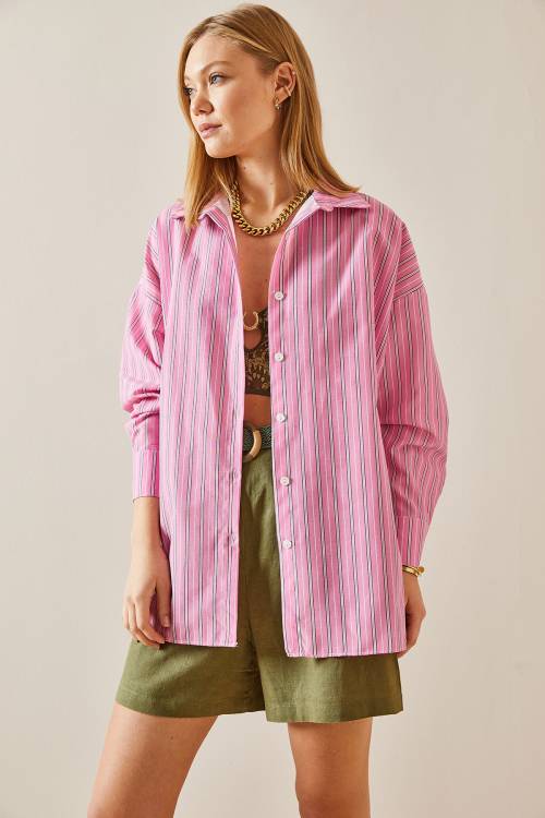 Pembe Oversize Çizgili Gömlek 4KXK2-47766-20 - 6