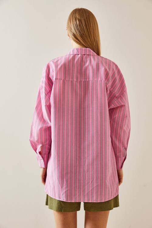 Pembe Oversize Çizgili Gömlek 4KXK2-47766-20 - 7