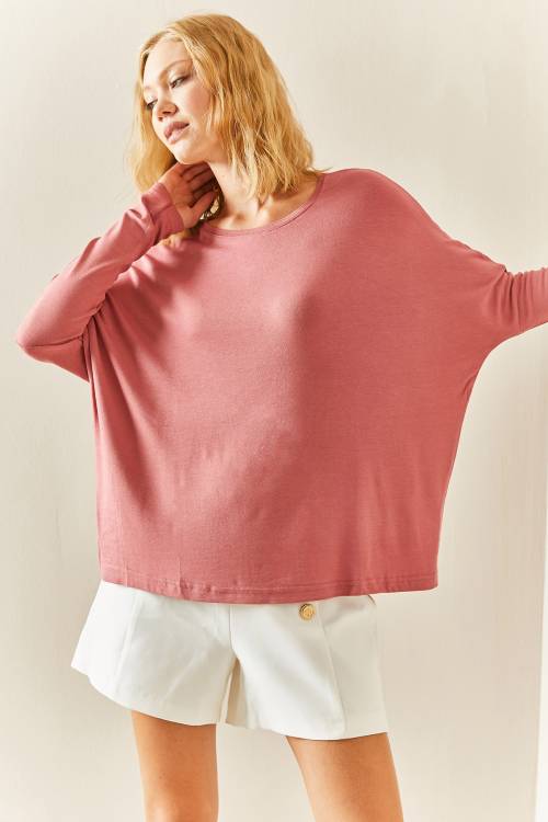 Pembe Yarasa Kol Bisiklet Yaka Bluz 3YXK2-47538-20 - 2
