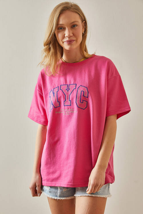 Pembe Yazılı Bisiklet Yaka Oversize Tişört 5YXK1-47969-20 - 3
