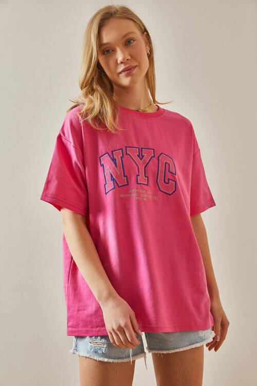Pembe Yazılı Bisiklet Yaka Oversize Tişört 5YXK1-47969-20 - 4