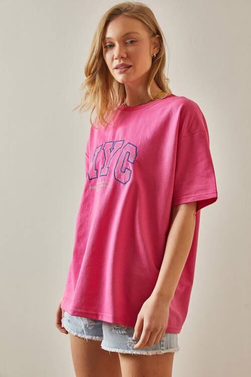 Pembe Yazılı Bisiklet Yaka Oversize Tişört 5YXK1-47969-20 - 5