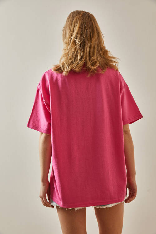 Pembe Yazılı Bisiklet Yaka Oversize Tişört 5YXK1-47969-20 - 6