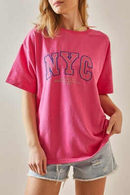 Pembe Yazılı Bisiklet Yaka Oversize Tişört 5YXK1-47969-20 