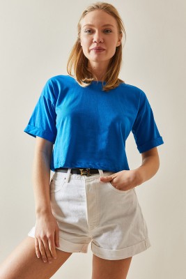 Saks Bisiklet Yaka Oversize Kolları Katlı Crop Tişört 4KXK1-47900-15 