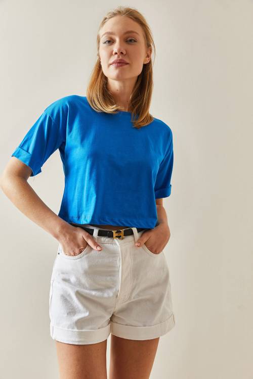 Saks Bisiklet Yaka Oversize Kolları Katlı Crop Tişört 4KXK1-47900-15 - 3