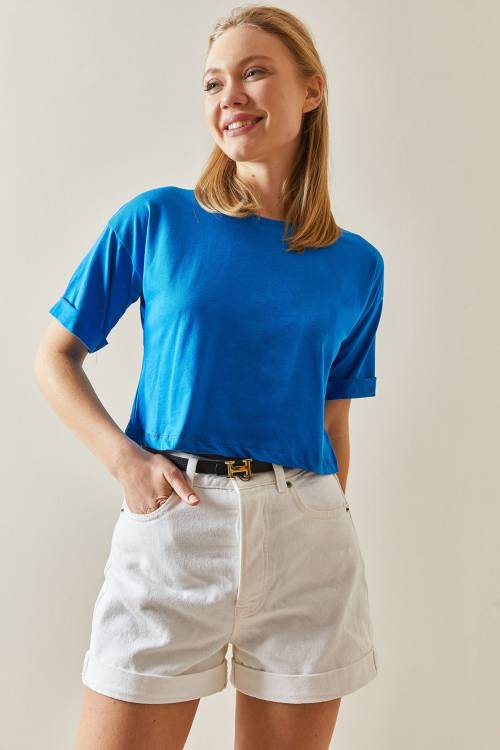 Saks Bisiklet Yaka Oversize Kolları Katlı Crop Tişört 4KXK1-47900-15 - 4