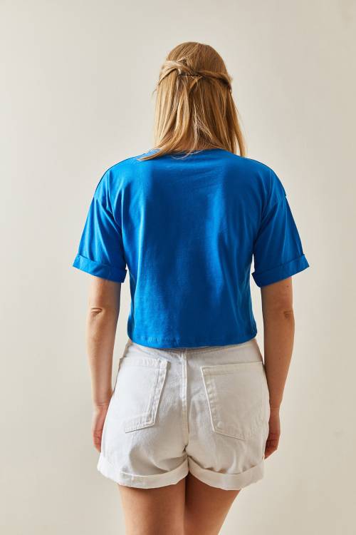 Saks Bisiklet Yaka Oversize Kolları Katlı Crop Tişört 4KXK1-47900-15 - 5