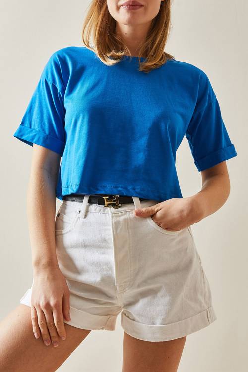 Saks Bisiklet Yaka Oversize Kolları Katlı Crop Tişört 4KXK1-47900-15 - 2