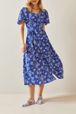 Saks Çiçek Desenli Kolları Volanlı & Düğmeli Midi Elbise 5YXK6-48035-15 
