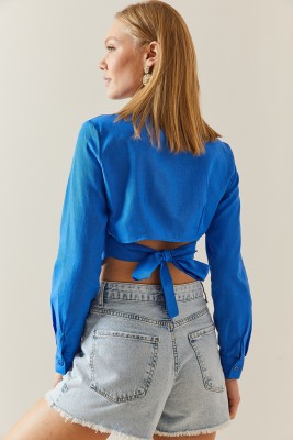 XHAN - Saks Dar Kesim Sırt Detaylı Crop Gömlek 4KXK2-47801-15
