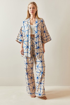 Saks Desenli Bol Paça Keten Kimono Takım 4KXK8-47909-15 - XHAN