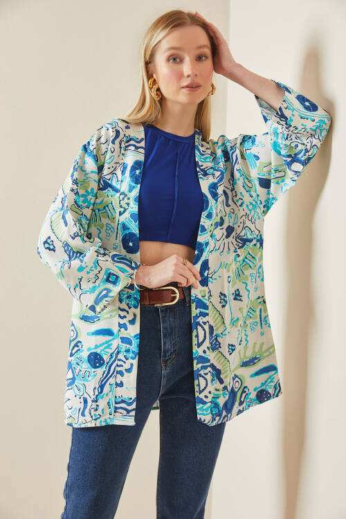 Saks Desenli Oversize Kimono 5YXK4-48062-15 - 2
