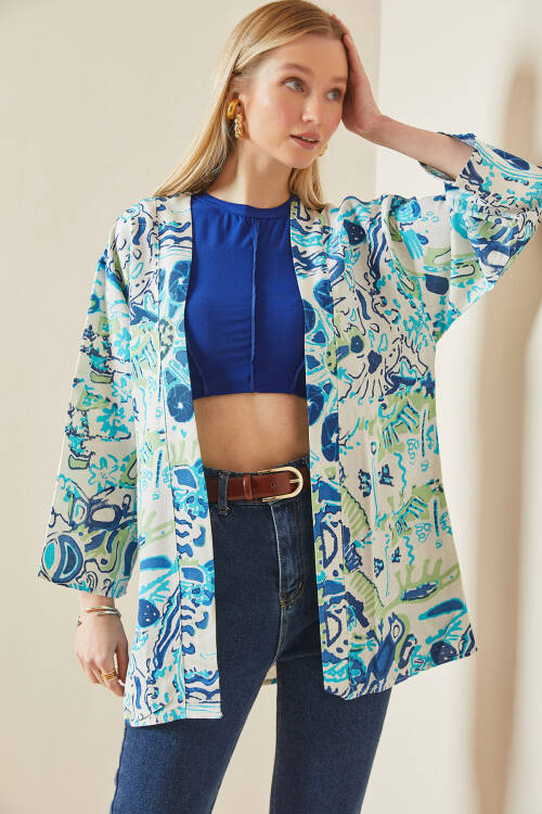 Saks Desenli Oversize Kimono 5YXK4-48062-15 - 3