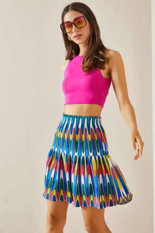Saks Desenli & Volanlı Örme Mini Etek 5YXK7-48528-15 - 2