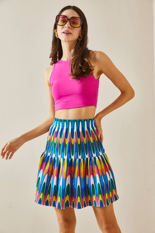 Saks Desenli & Volanlı Örme Mini Etek 5YXK7-48528-15 - 4