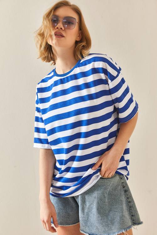 Saks Mavi Bisiklet Yaka Çizgili Oversize Tişört 3YXK1-47086-15 - 1