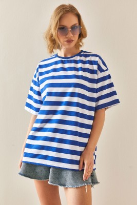 Saks Mavi Bisiklet Yaka Çizgili Oversize Tişört 3YXK1-47086-15 - 2