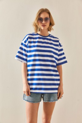 Saks Mavi Bisiklet Yaka Çizgili Oversize Tişört 3YXK1-47086-15 - 4
