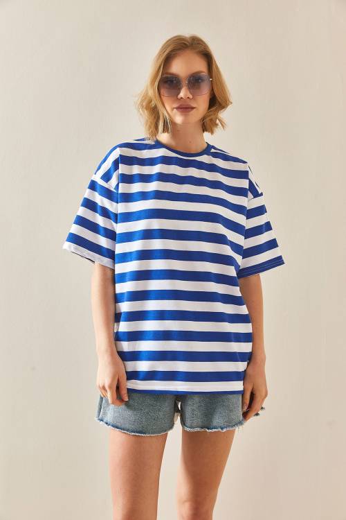 Saks Mavi Bisiklet Yaka Çizgili Oversize Tişört 3YXK1-47086-15 - 4