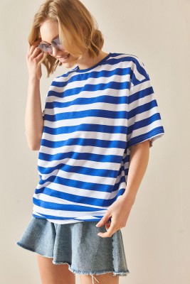 Saks Mavi Bisiklet Yaka Çizgili Oversize Tişört 3YXK1-47086-15 - 5