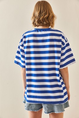 Saks Mavi Bisiklet Yaka Çizgili Oversize Tişört 3YXK1-47086-15 - 6