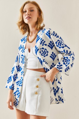 Saks Mavi Desenli Oversize Keten Kimono 3YXK4-47500-15 - 2
