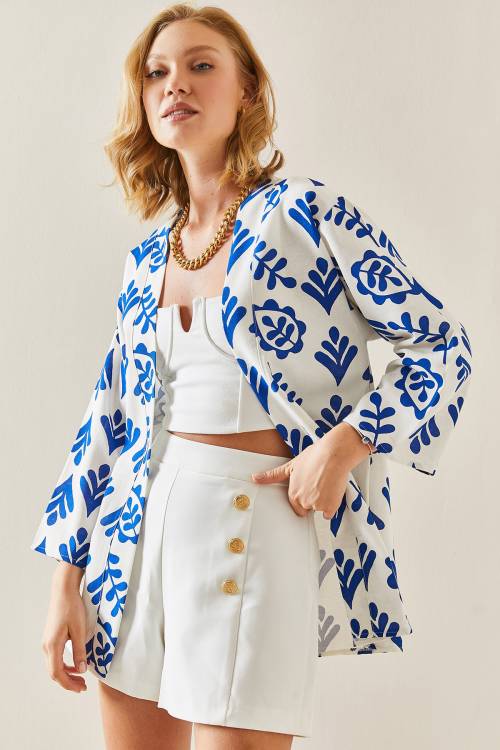 Saks Mavi Desenli Oversize Keten Kimono 3YXK4-47500-15 - 2