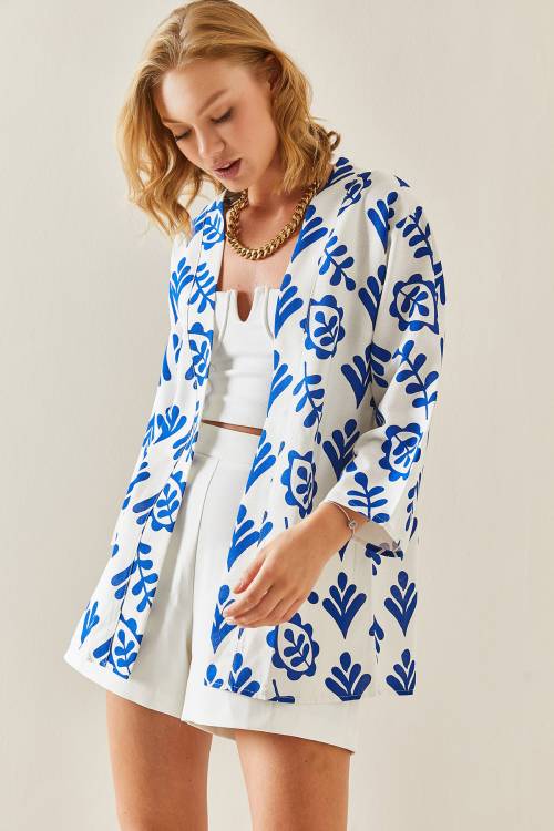 Saks Mavi Desenli Oversize Keten Kimono 3YXK4-47500-15 - 3