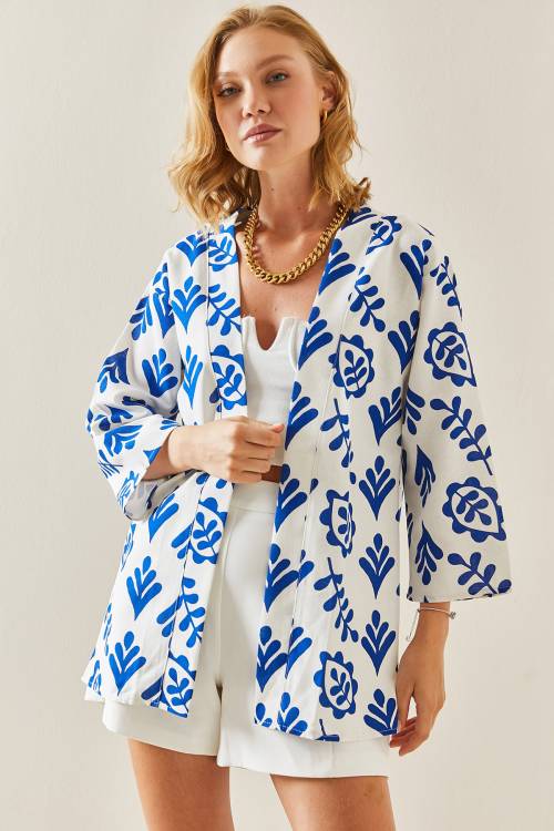Saks Mavi Desenli Oversize Keten Kimono 3YXK4-47500-15 - 4