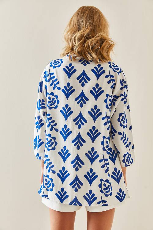 Saks Mavi Desenli Oversize Keten Kimono 3YXK4-47500-15 - 5