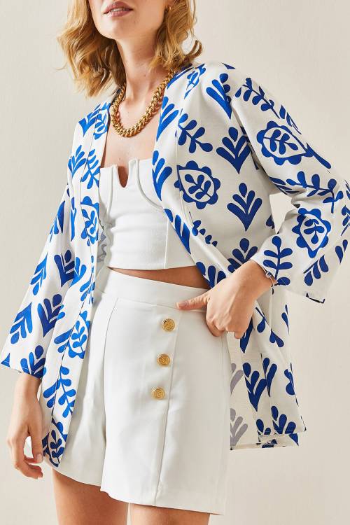Saks Mavi Desenli Oversize Keten Kimono 3YXK4-47500-15 - 1
