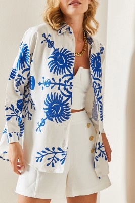 Saks Mavi Polo Yaka Desenli Gömlek 3YXK2-47499-15 - XHAN