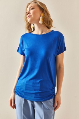 Saks Mavi Yanı Büzgülü Dökümlü Bluz 3YXK2-47098-15 - 2