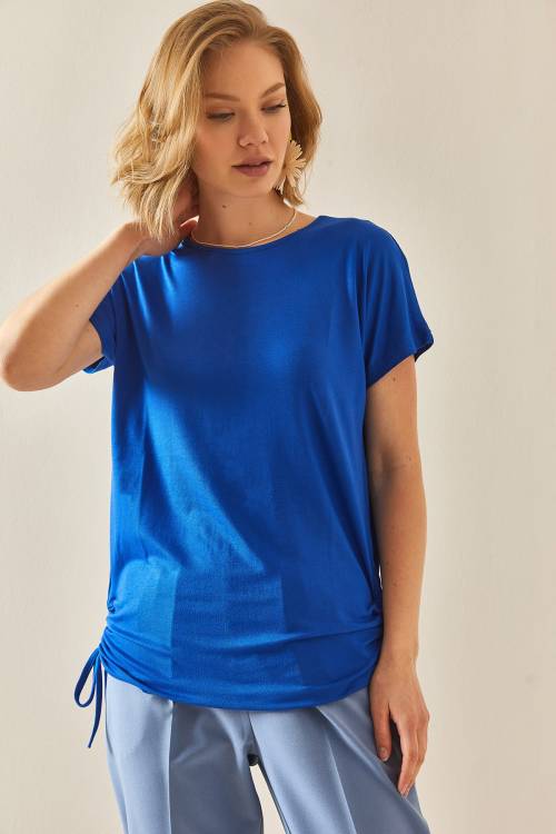 Saks Mavi Yanı Büzgülü Dökümlü Bluz 3YXK2-47098-15 - 3