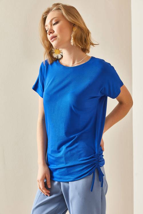 Saks Mavi Yanı Büzgülü Dökümlü Bluz 3YXK2-47098-15 - 4