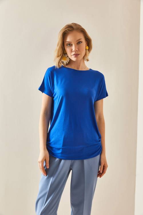 Saks Mavi Yanı Büzgülü Dökümlü Bluz 3YXK2-47098-15 - 5