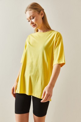 Sarı Bisiklet Yaka Basic Oversize Tişört 4KXK1-47895-10 - XHAN