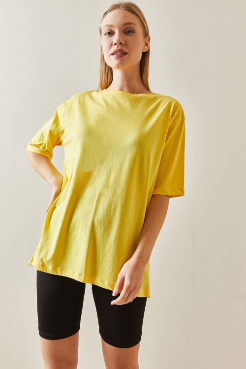 Sarı Bisiklet Yaka Basic Oversize Tişört 4KXK1-47895-10 - 3