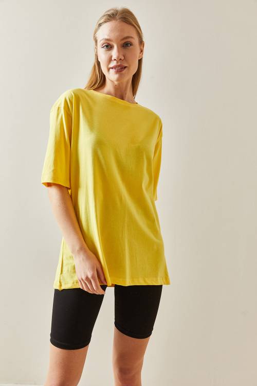 Sarı Bisiklet Yaka Basic Oversize Tişört 4KXK1-47895-10 - 4