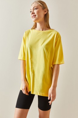 Sarı Bisiklet Yaka Basic Oversize Tişört 4KXK1-47895-10 - 5