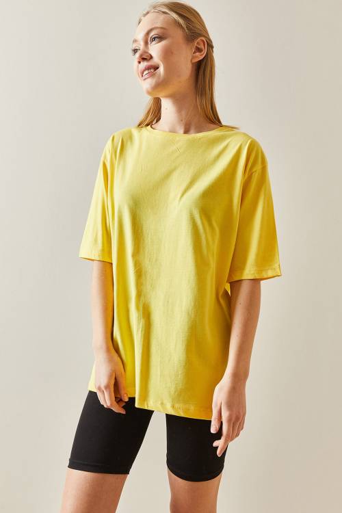 Sarı Bisiklet Yaka Basic Oversize Tişört 4KXK1-47895-10 - 5