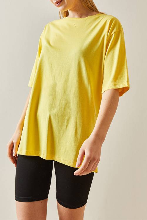 Sarı Bisiklet Yaka Basic Oversize Tişört 4KXK1-47895-10 - 2