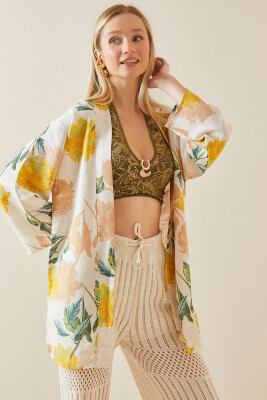 Sarı Çiçek Desenli Oversize Kimono 5YXK4-48061-10 - 3