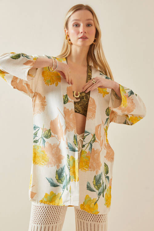 Sarı Çiçek Desenli Oversize Kimono 5YXK4-48061-10 - 4