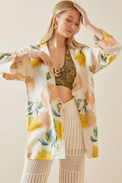 Sarı Çiçek Desenli Oversize Kimono 5YXK4-48061-10 - 5