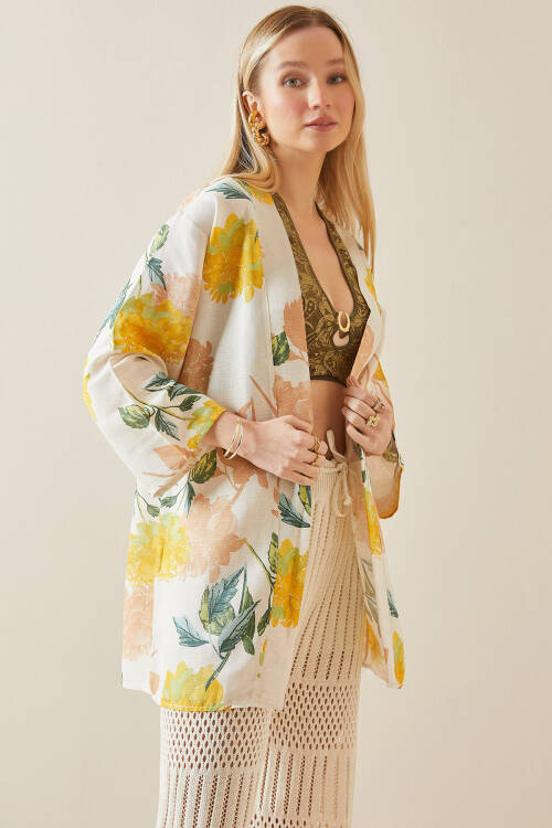 Sarı Çiçek Desenli Oversize Kimono 5YXK4-48061-10 - 6
