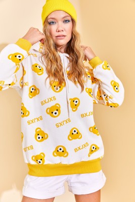 Sarı Kapüşonlü Ayıcık Desenli Sweatshirt 3KXK8-46624-10 